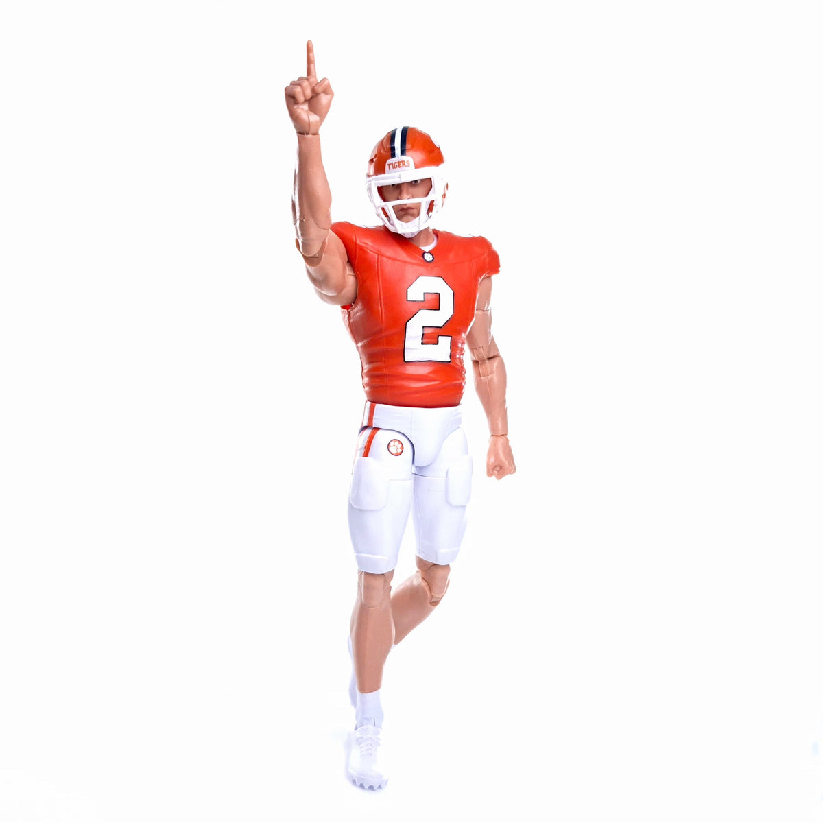 Collegiate Legends Cade Klubnik #2 Clemson action figure in orange jersey and white pants pointing finger upward