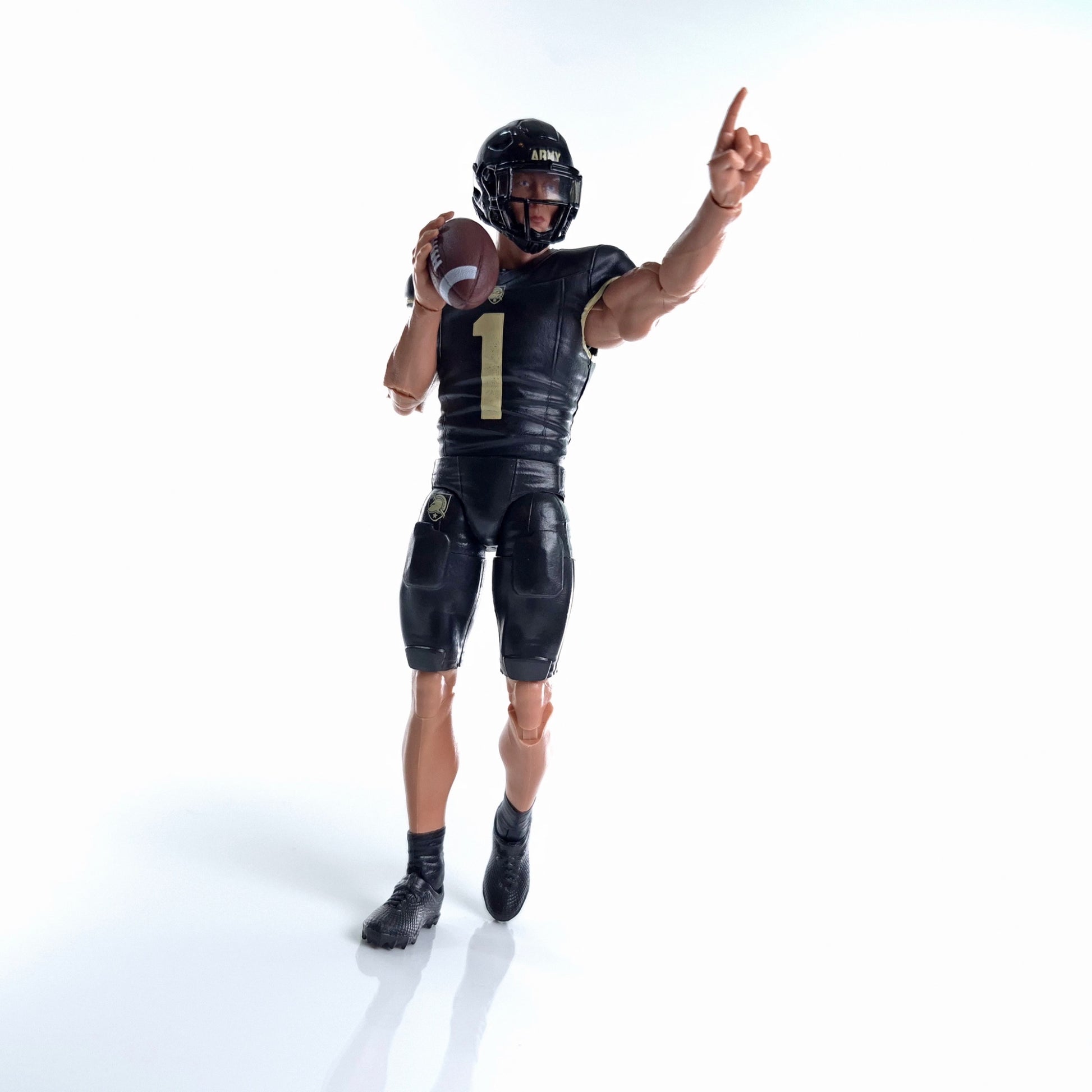Collegiate Legends 6-inch Army football action figure in black and gold uniform with helmet and football accessory