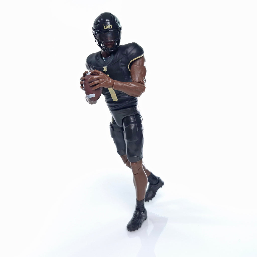 Collegiate Legends Army football action figure in black and gold uniform holding a football in a running pose