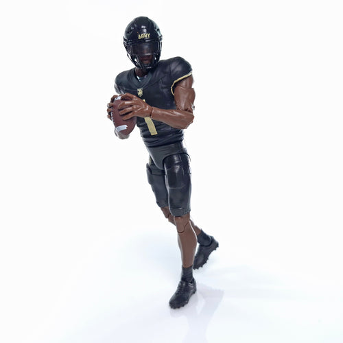 Collegiate Legends Army football action figure in black and gold uniform holding a football in a running pose