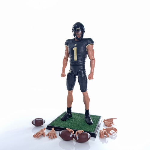 Collegiate Legends Army football action figure in black and gold uniform with display stand and accessories