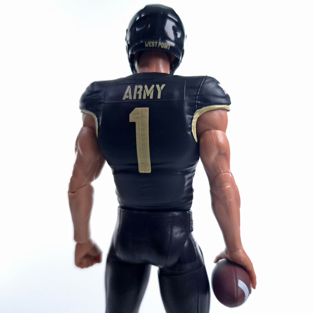 Collegiate Legends Army football action figure wearing a black and gold #1 jersey with West Point helmet, back view.