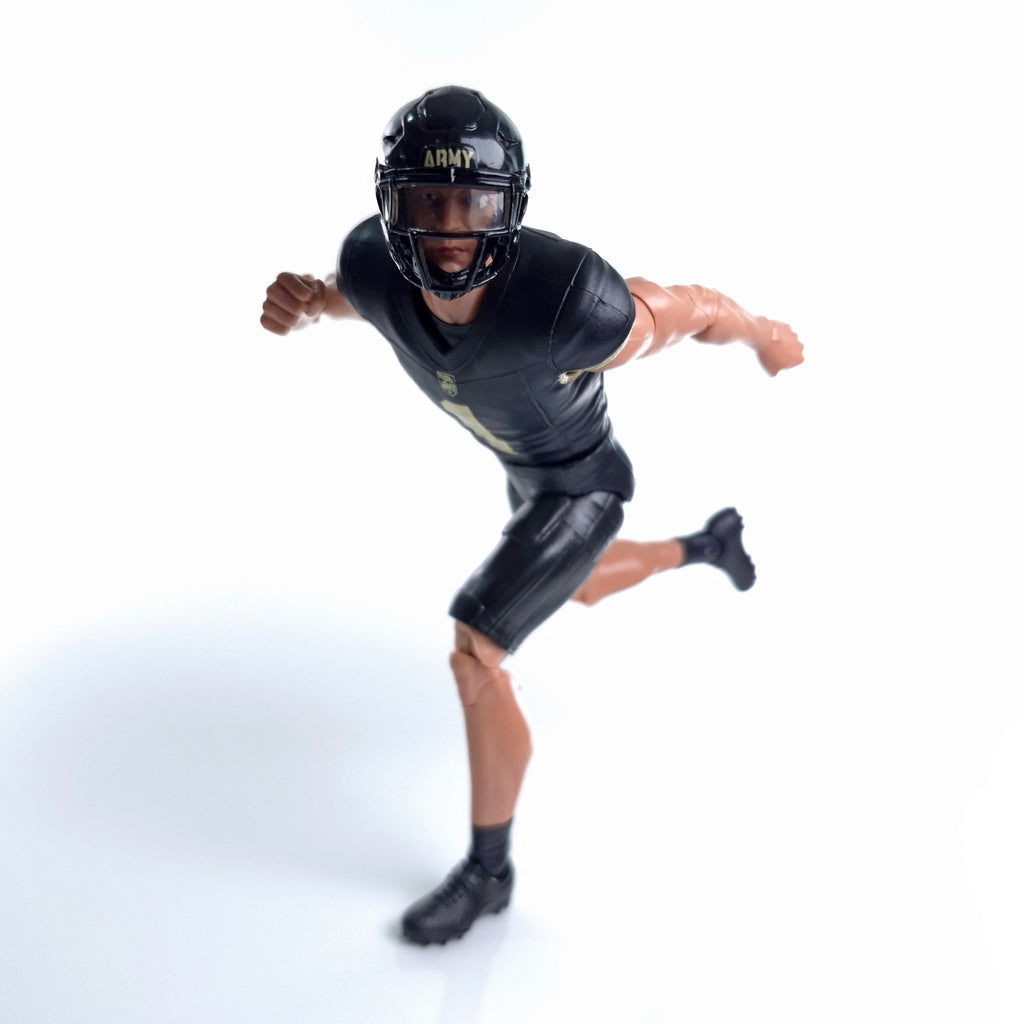 Collegiate Legends Army football action figure in a running pose wearing a black and gold uniform with a helmet.