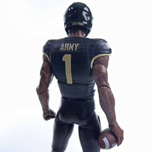 Collegiate Legends Army football action figure wearing a black and gold number 1 jersey with West Point helmet