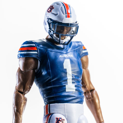 Collegiate Legends Auburn football action figure wearing a navy and orange number 1 jersey and team helmet
