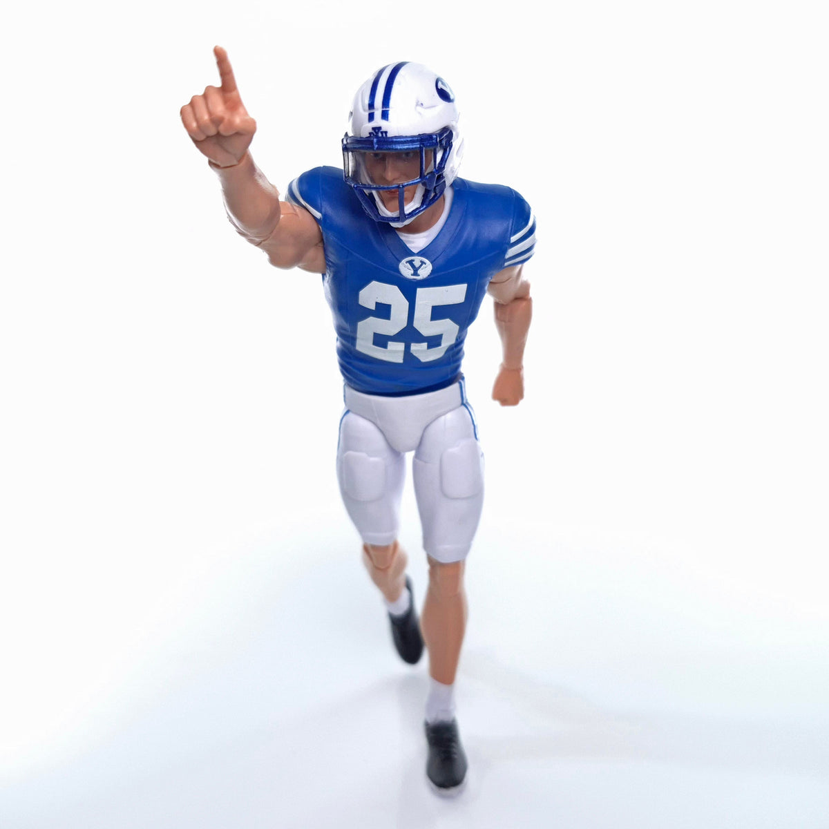Collegiate Legends BYU #25 football action figure in blue and white uniform pointing upward on a white background