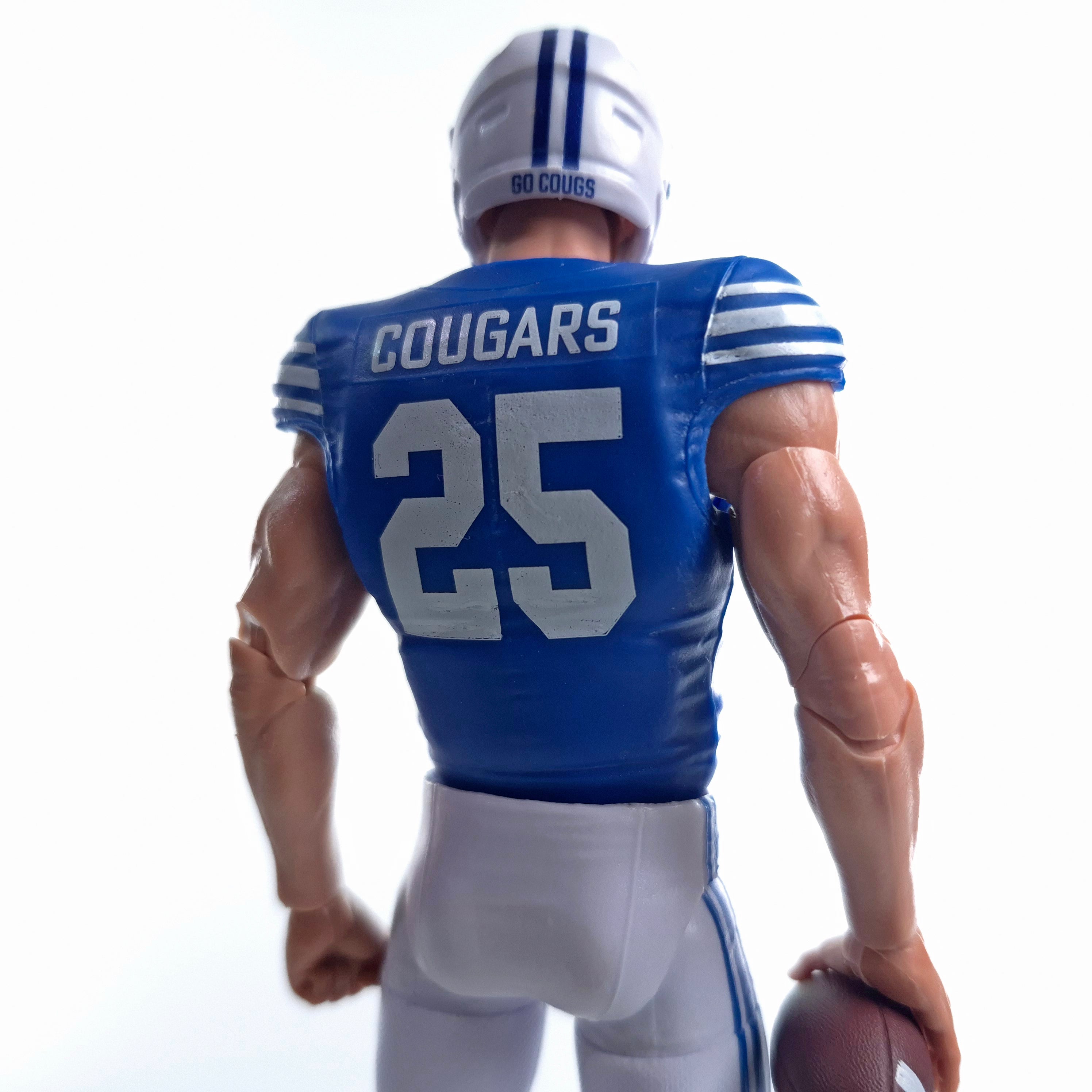 Collegiate Legends BYU #25 football action figure in blue and white uniform, back view holding a football