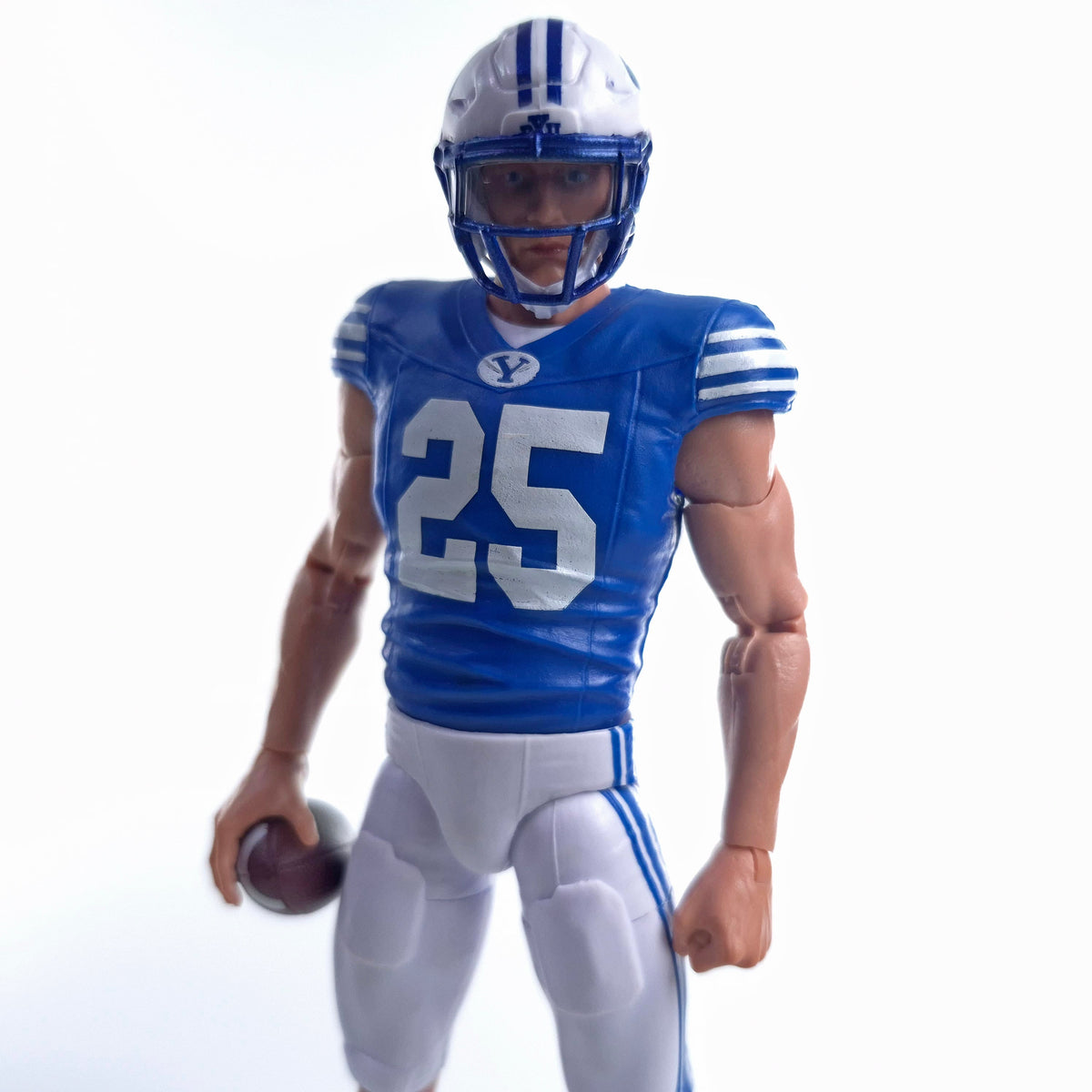 Collegiate Legends BYU #25 football action figure in blue and white uniform with helmet and football accessory