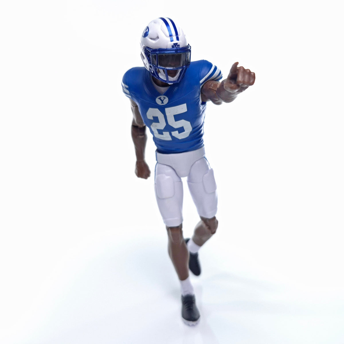 Collegiate Legends #25 BYU football action figure in a blue and white uniform pointing forward on a white background