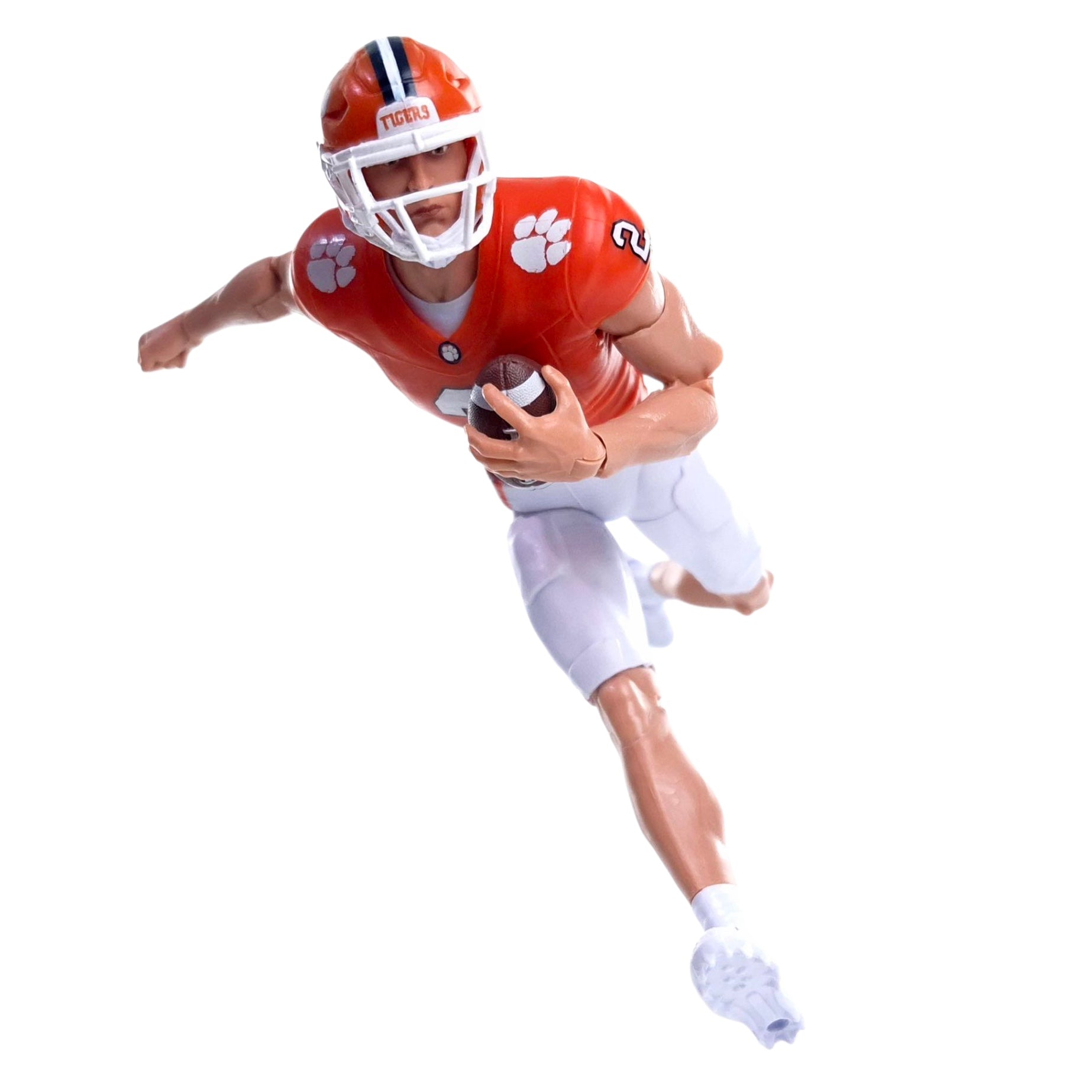 Collegiate Legends Cade Klubnik #2 Clemson action figure in orange and purple jersey running with a football