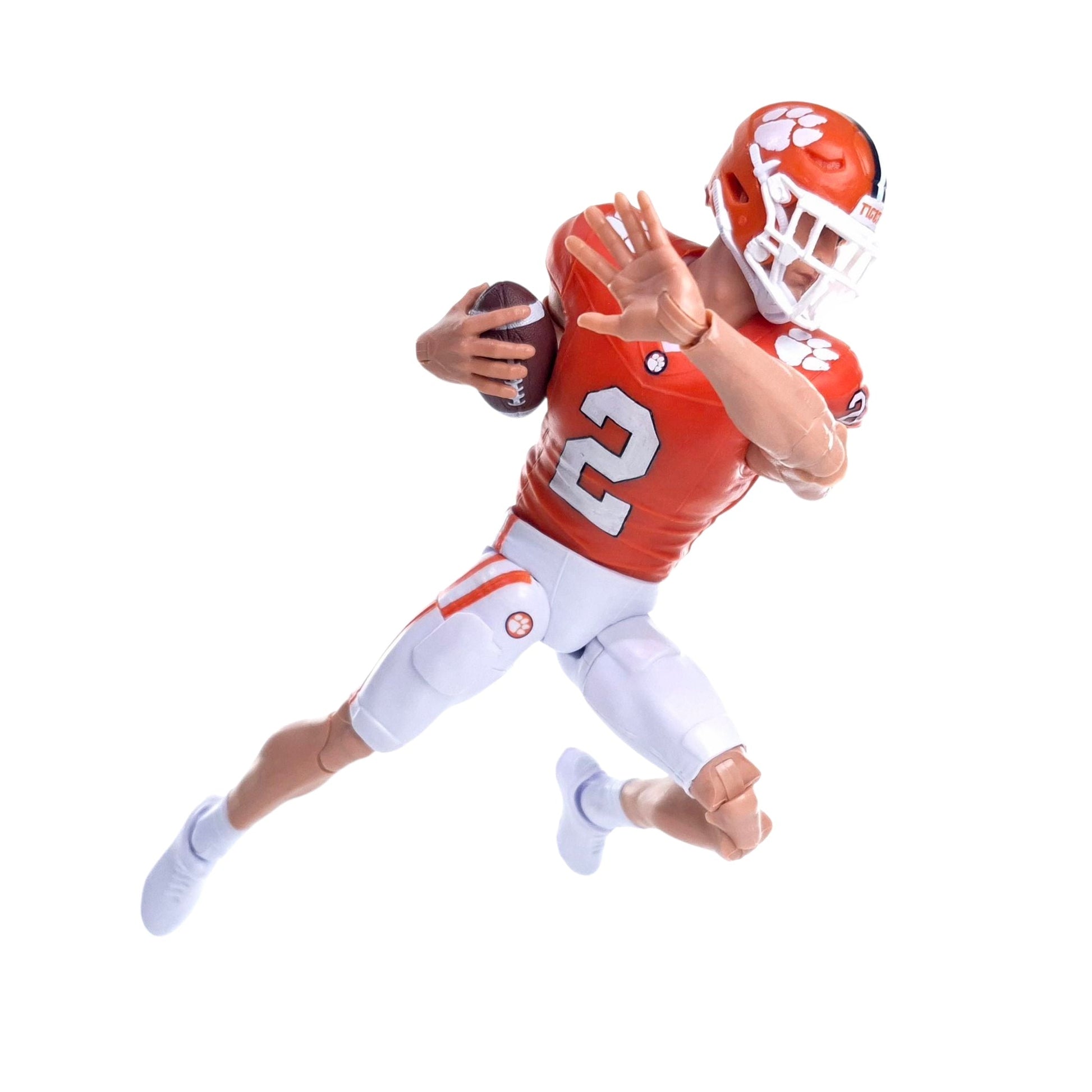 Collegiate Legends Cade Klubnik #2 Clemson action figure in an orange jersey and white pants throwing a football