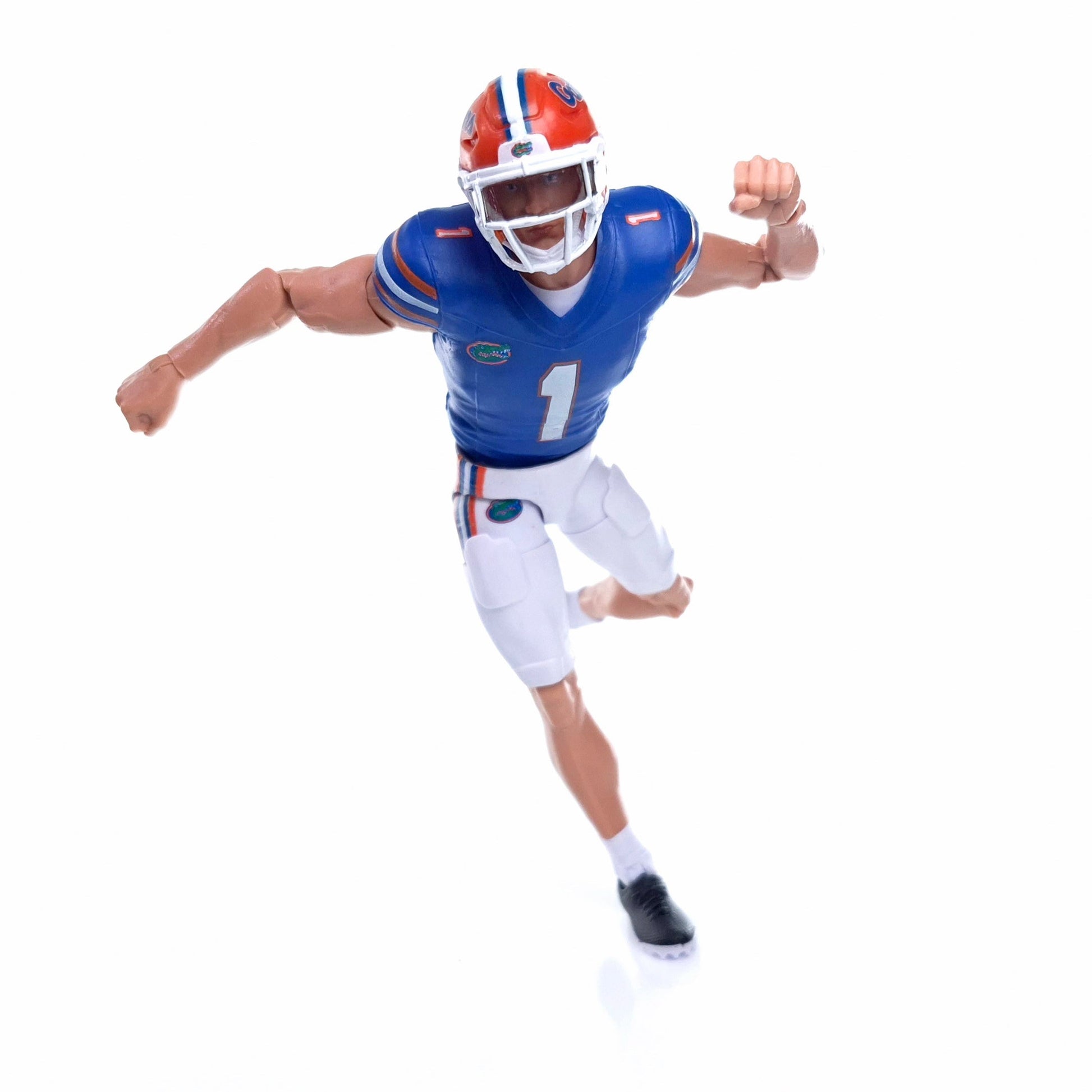 Collegiate Legends Florida Gators football action figure in a running pose wearing a blue and orange number 1 jersey.