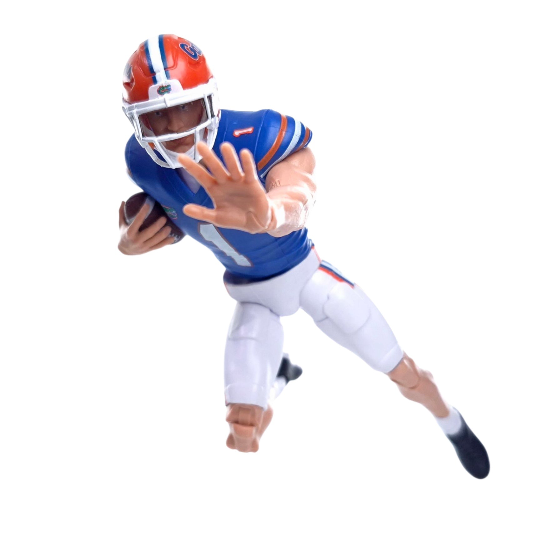 Collegiate Legends Florida Gators football action figure in blue and orange uniform with a football in a dynamic pose