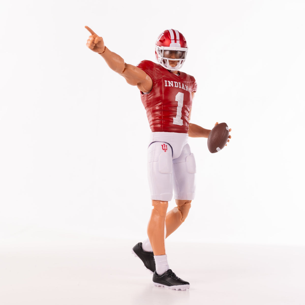 Collegiate Legends Indiana football action figure in red and white uniform with light skin tone pointing forward