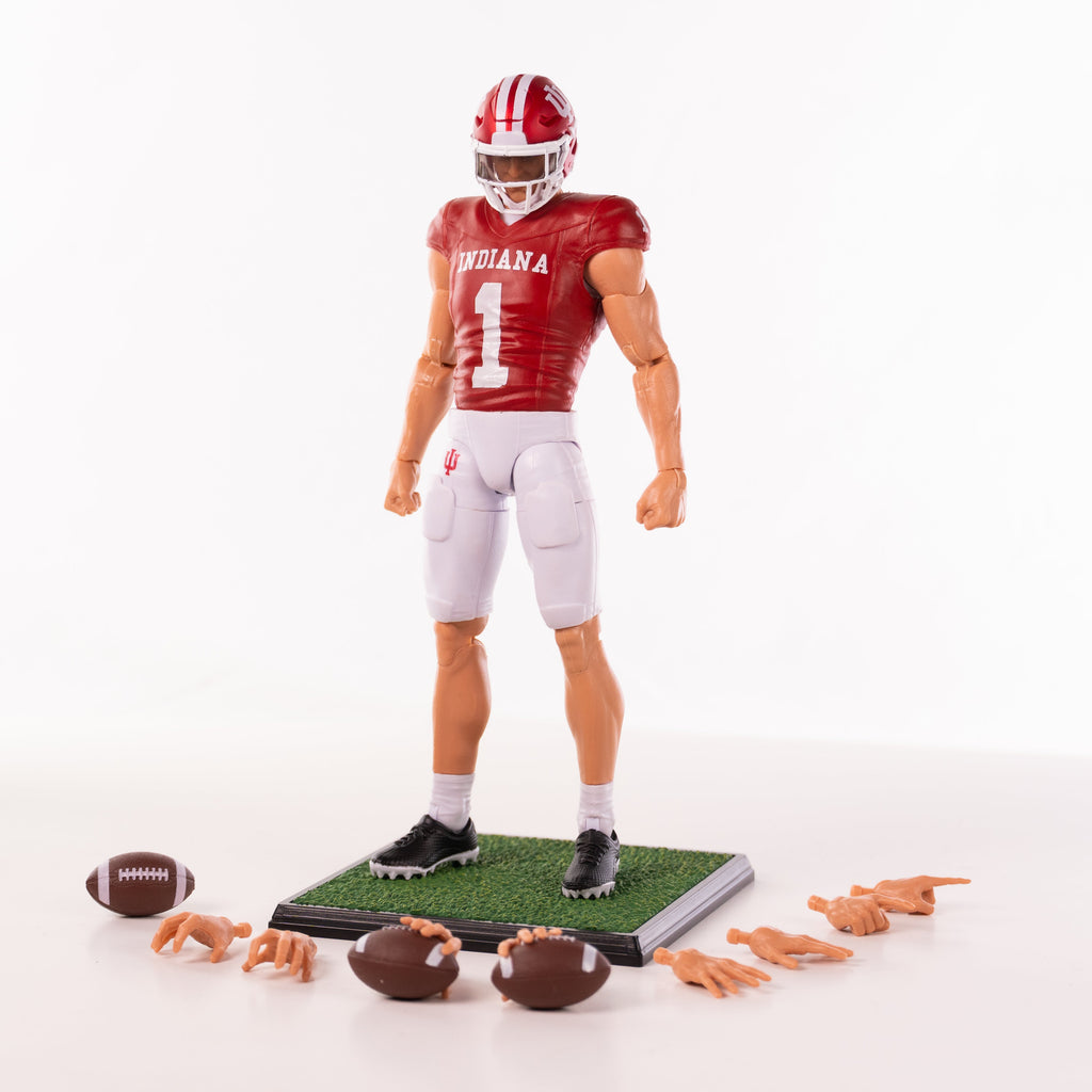 Collegiate Legends Indiana Hoosiers #1 football action figure with light skin tone, display stand, and accessories.