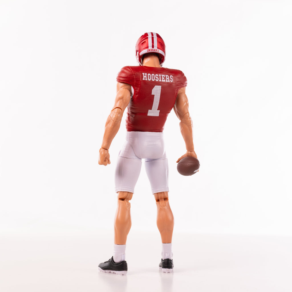 Collegiate Legends Indiana Hoosiers #1 football action figure in light skin tone, rear view holding a football.