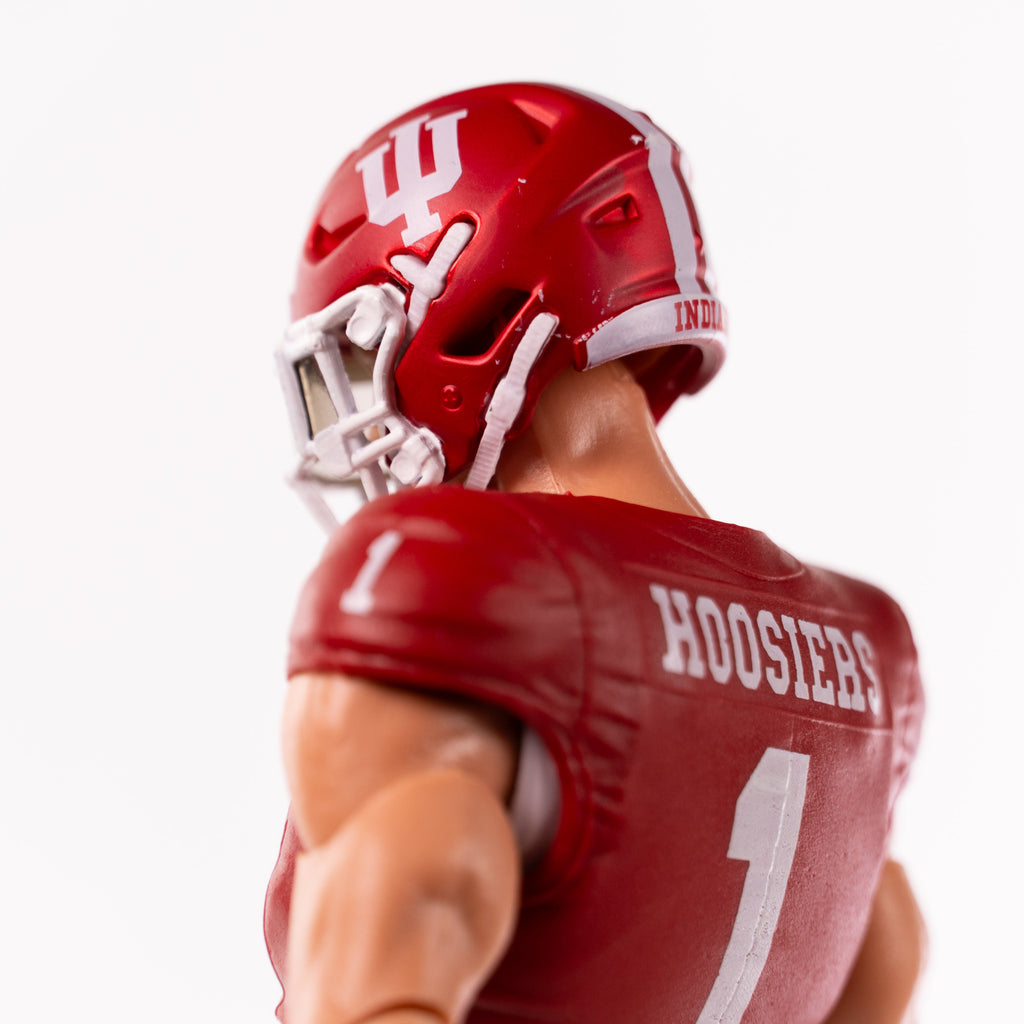 Collegiate Legends Indiana Hoosiers football action figure wearing a red helmet and jersey with number 1
