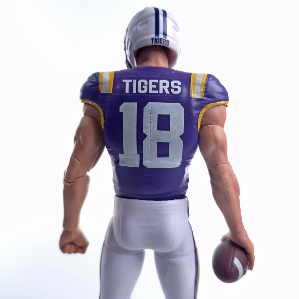 Back view of Collegiate Legends LSU #18 football action figure in purple and gold jersey holding a football