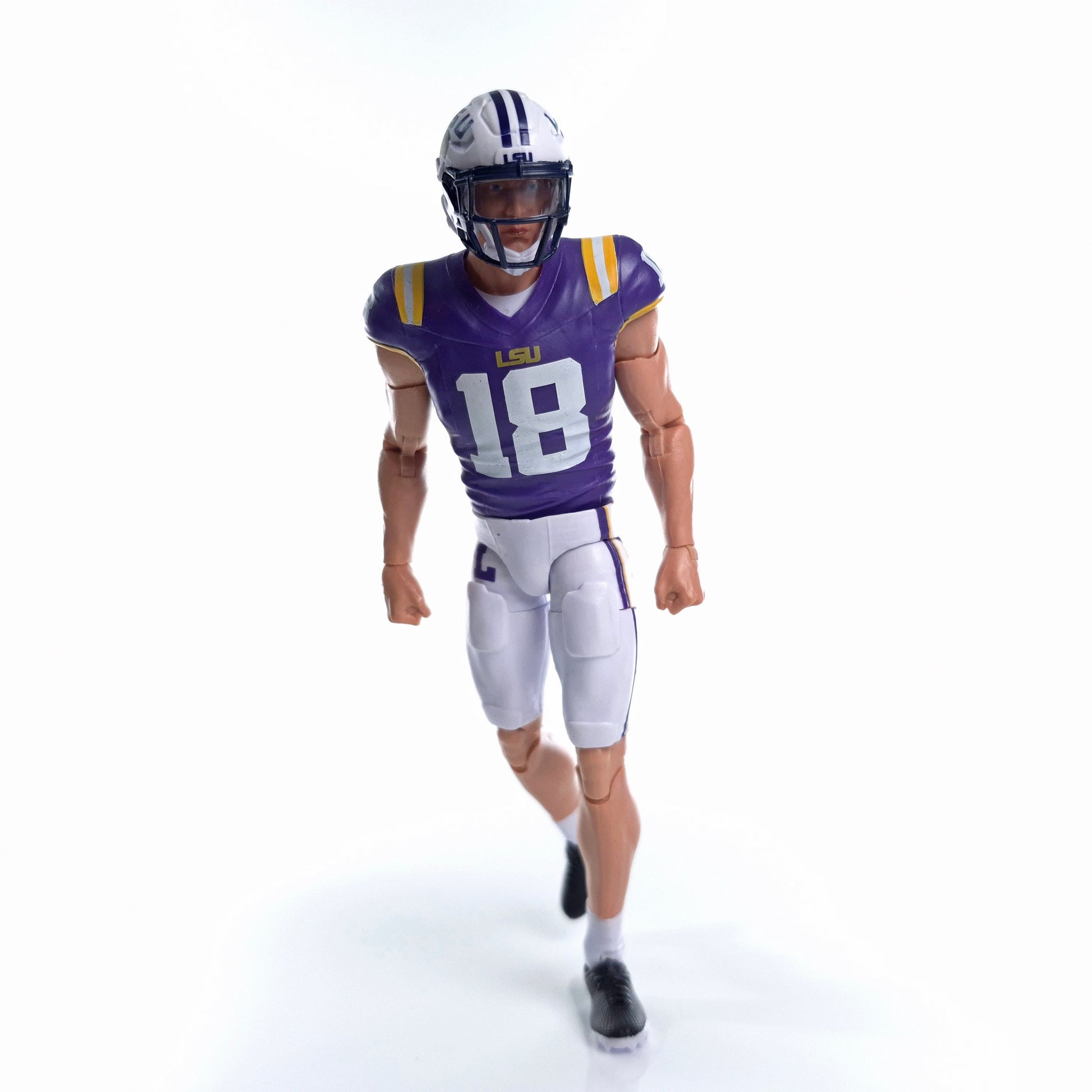 Collegiate Legends LSU #18 football action figure in purple and gold uniform with articulated joints