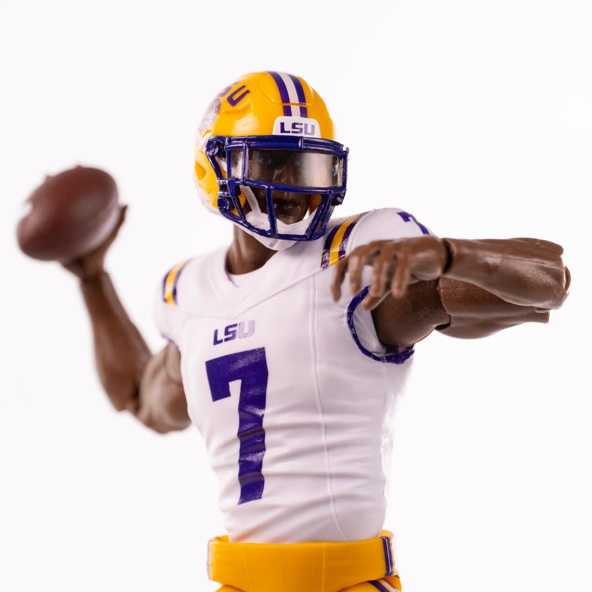 Collegiate Legends LSU #7 football action figure in a white jersey and yellow helmet throwing a football