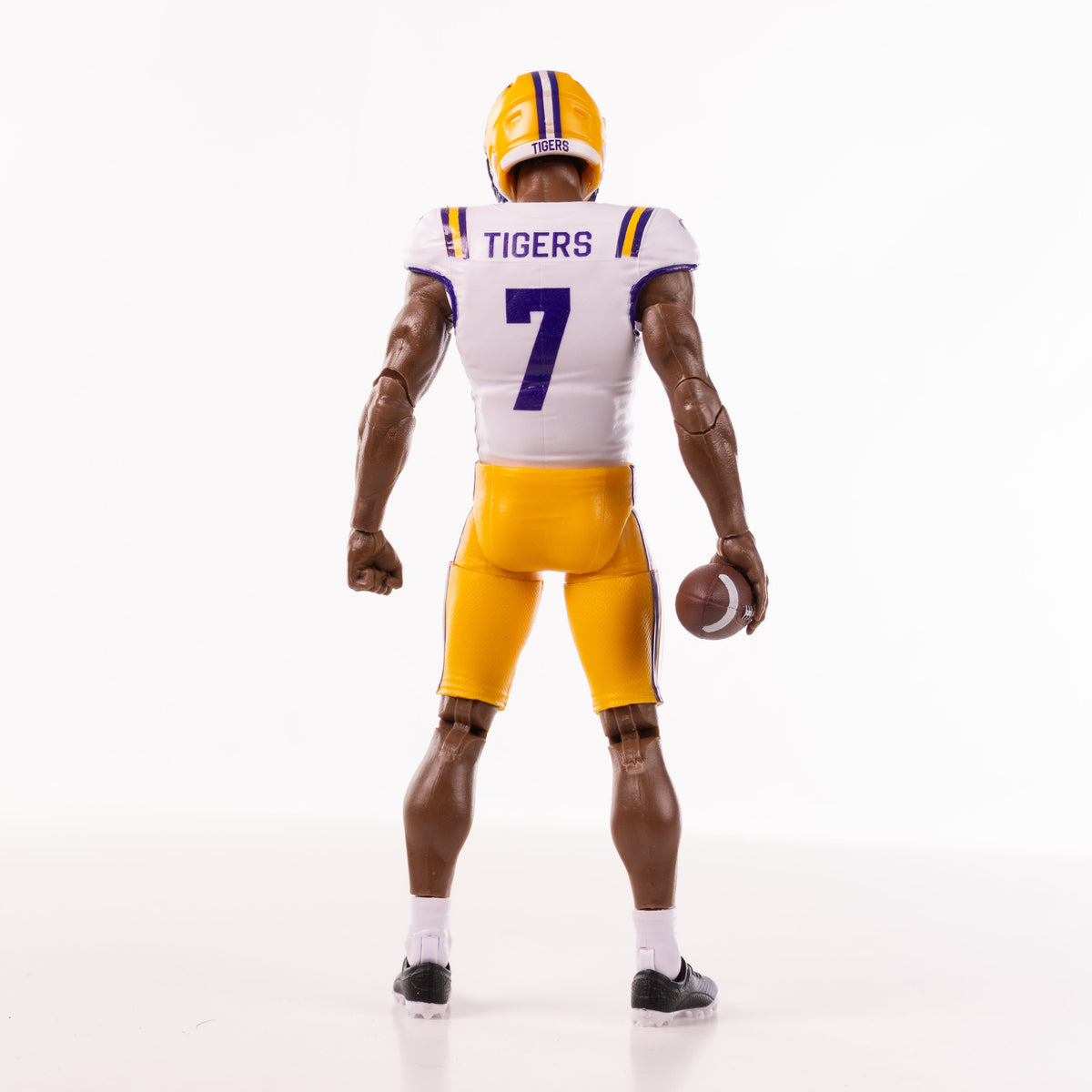 Collegiate Legends LSU #7 football action figure in white jersey and yellow pants seen from the back
