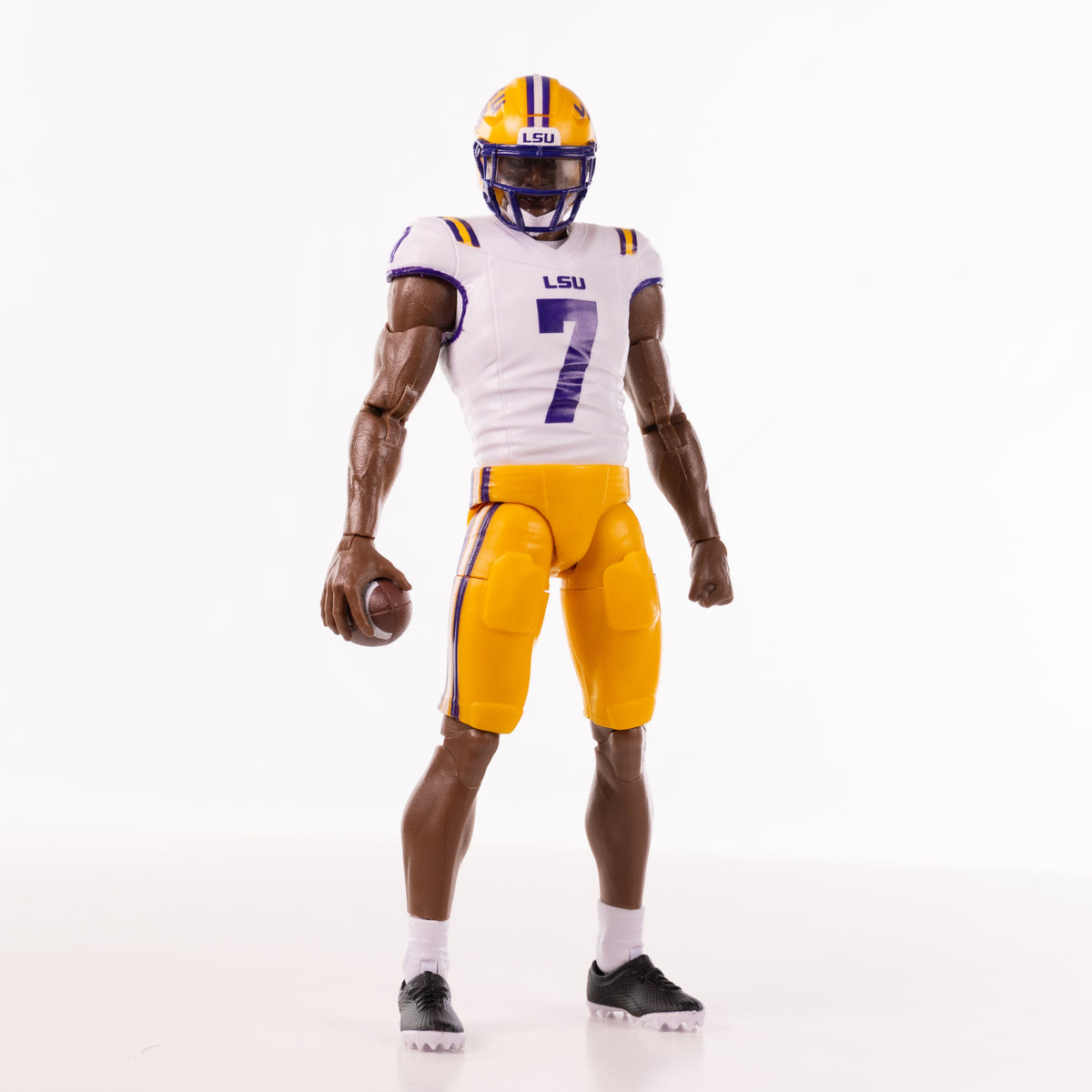 Collegiate Legends LSU #7 football action figure in white jersey and yellow pants with helmet and football accessory