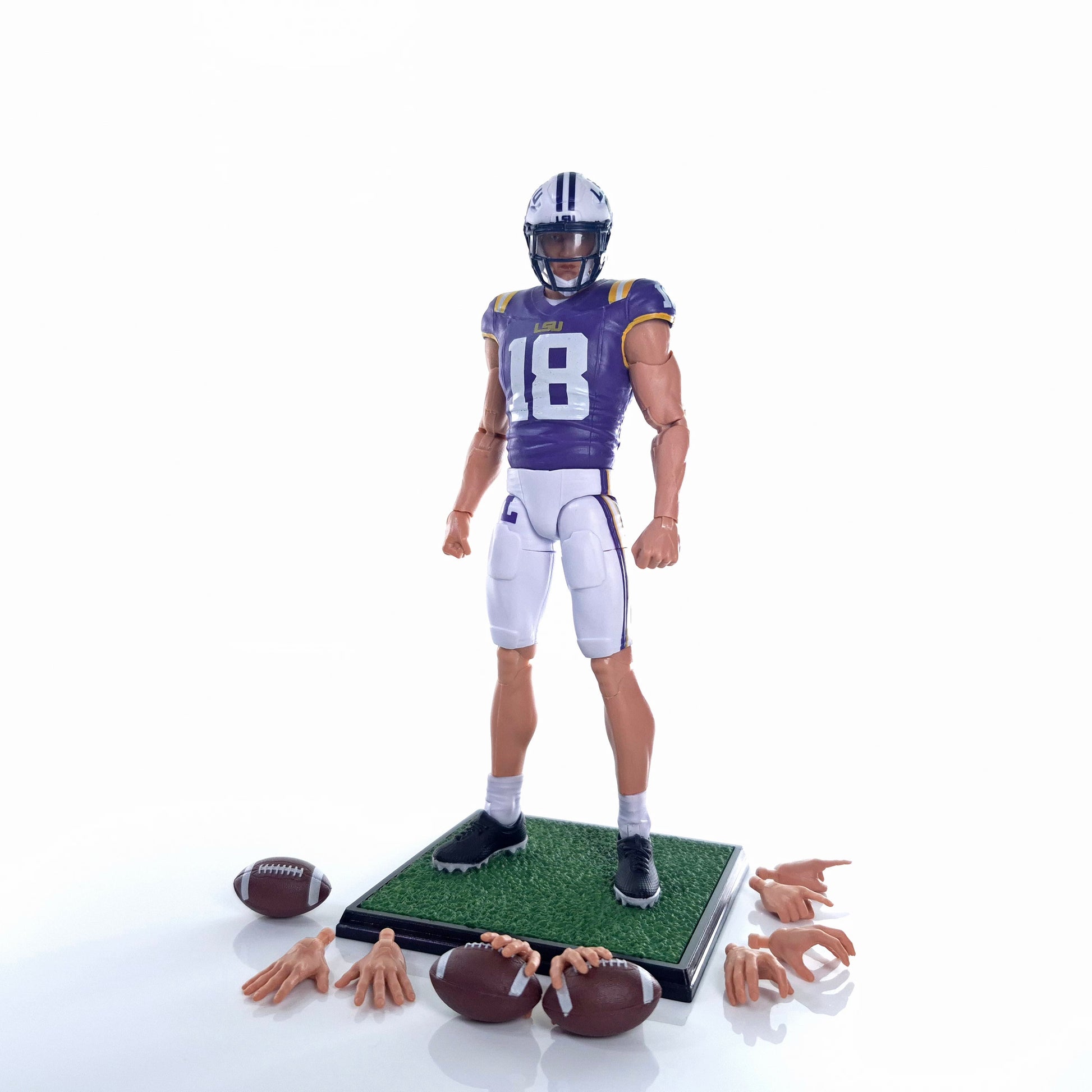 Collegiate Legends LSU #18 football action figure in purple and gold uniform with display stand and accessories.