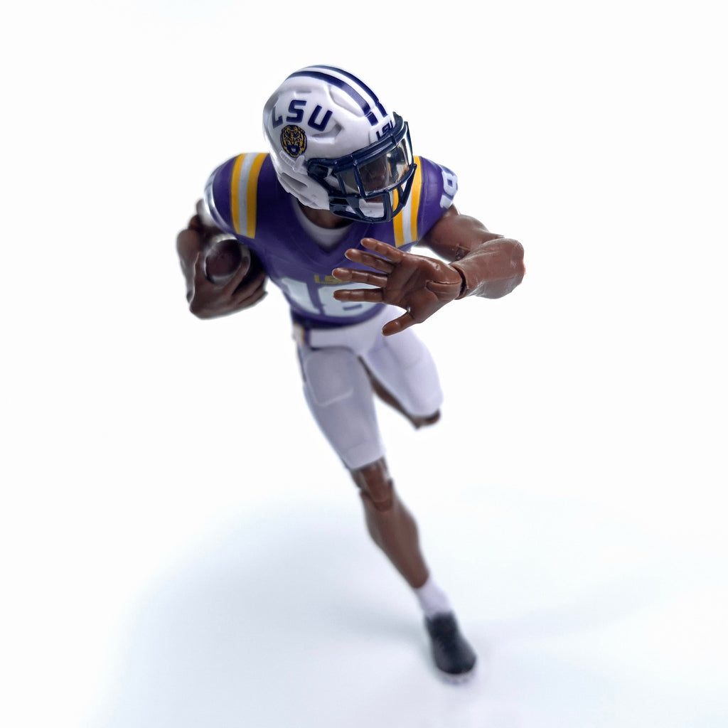 Collegiate Legends LSU football action figure in purple and gold uniform running with a football on white background