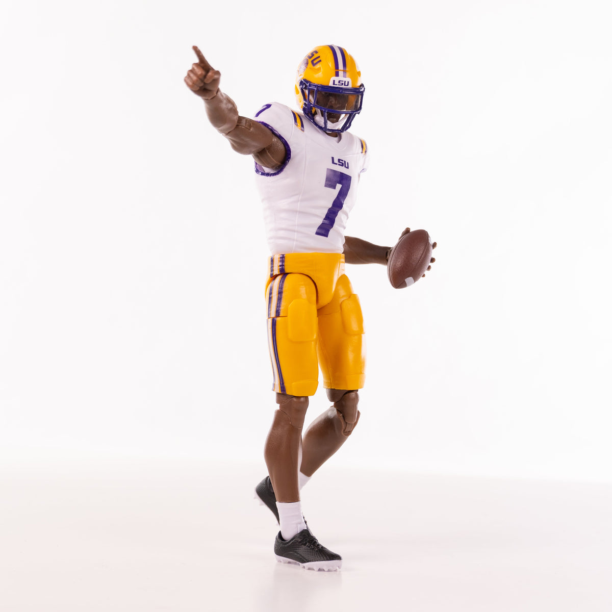 Collegiate Legends LSU #7 football action figure in white and gold uniform pointing forward with a football