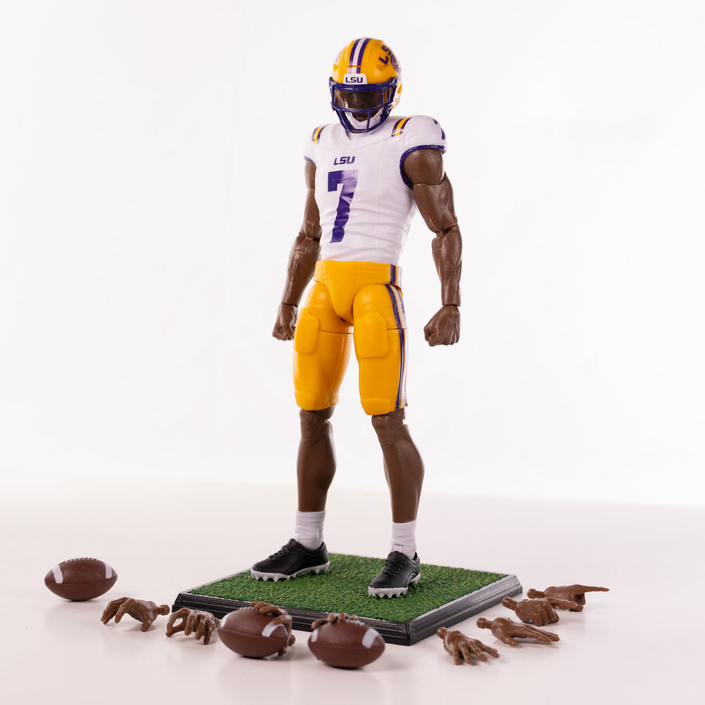 Collegiate Legends LSU #7 football action figure in white and yellow uniform with display stand and accessories