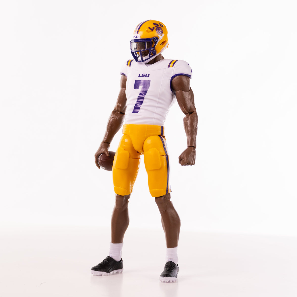 Collegiate Legends LSU #7 football action figure in white jersey and gold pants with helmet and football accessory