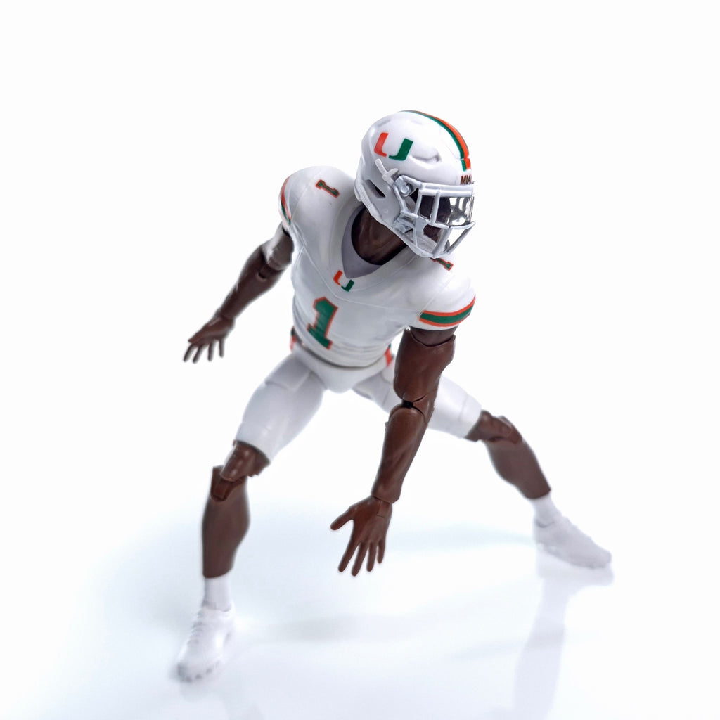 Collegiate Legends Miami Hurricanes #1 football action figure in white uniform with green and orange details
