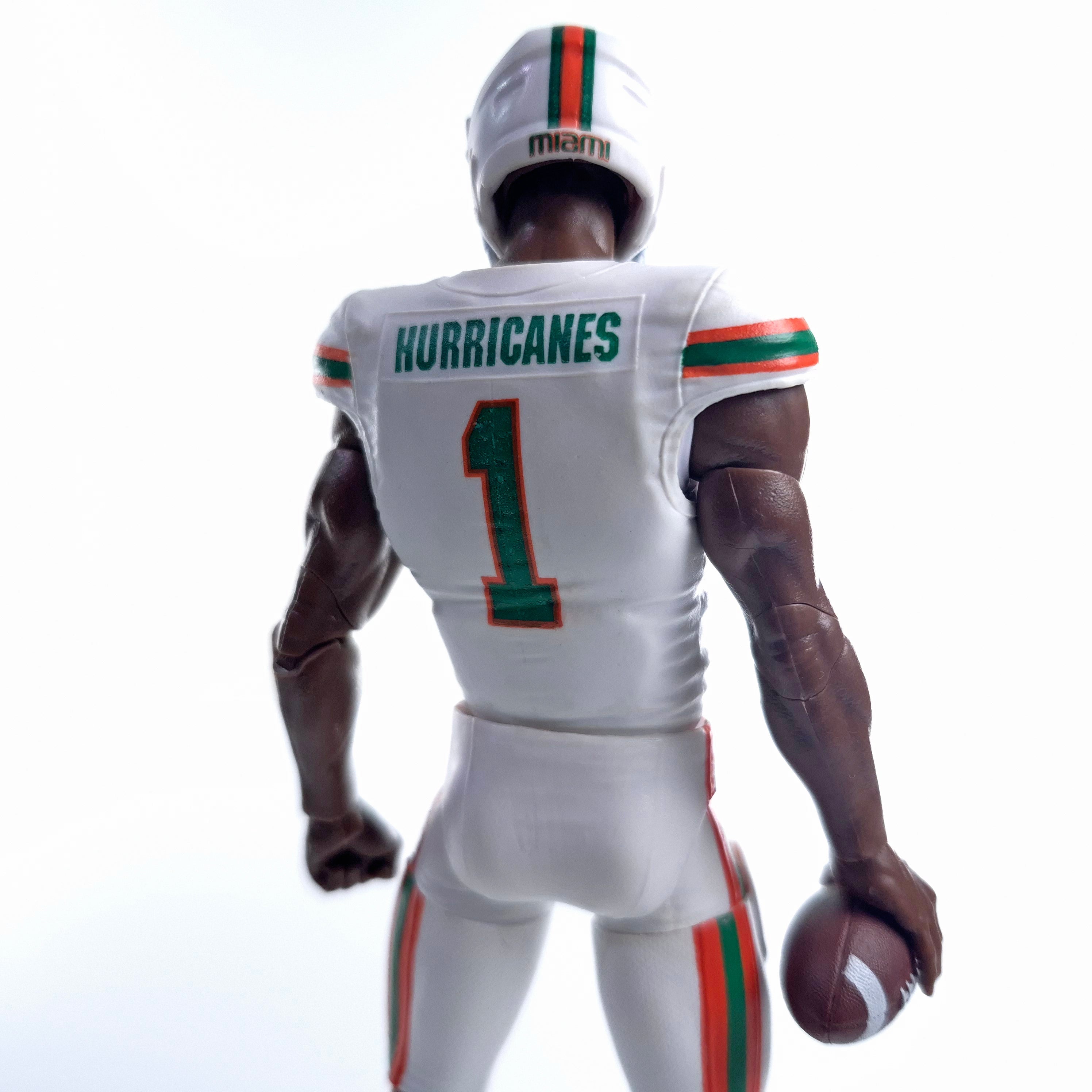 Collegiate Legends Miami Hurricanes #1 football action figure in white uniform with orange and green details