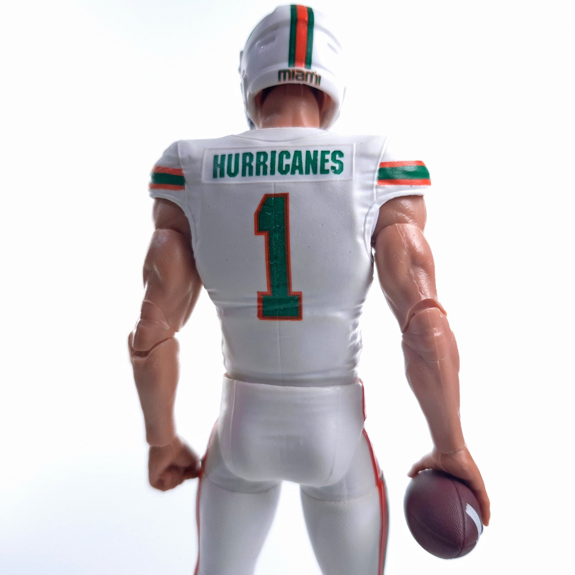 Collegiate Legends Miami Hurricanes #1 football action figure in white jersey with green and orange details