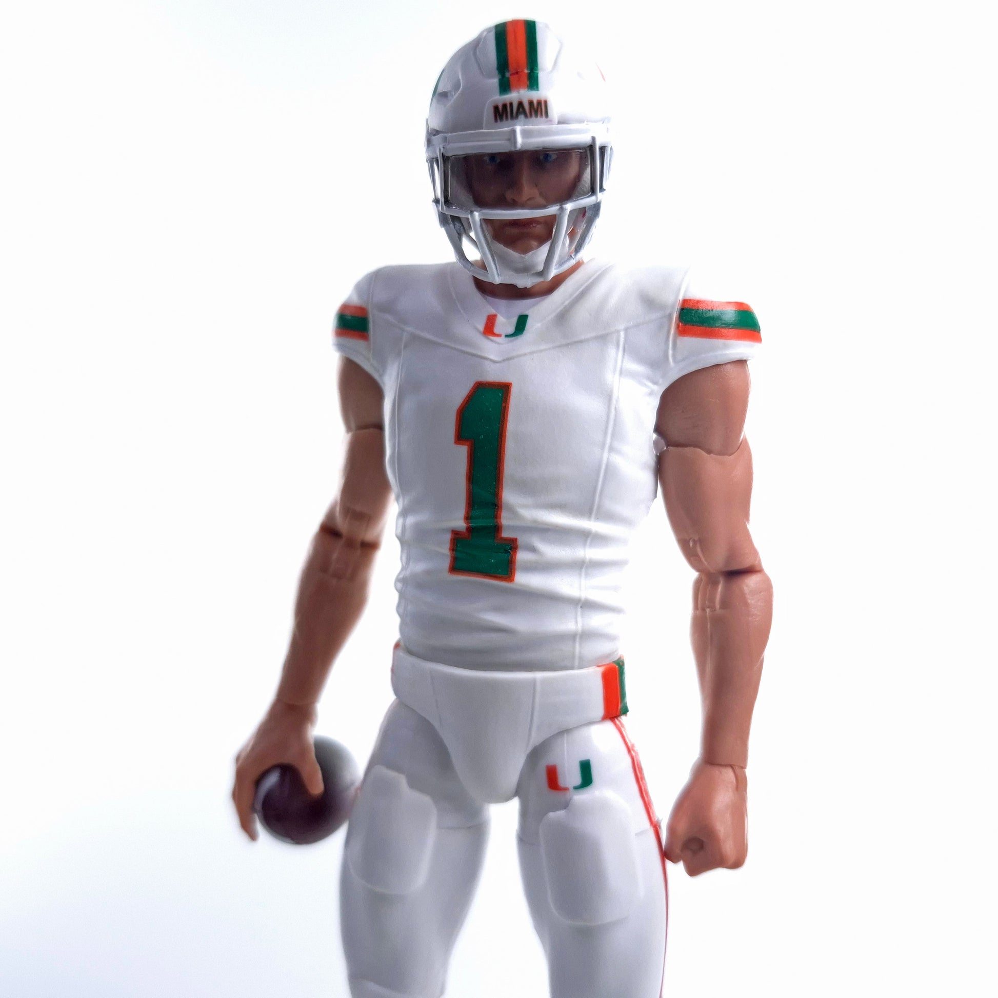 Collegiate Legends Miami Hurricanes #1 football action figure in white uniform with orange and green accents