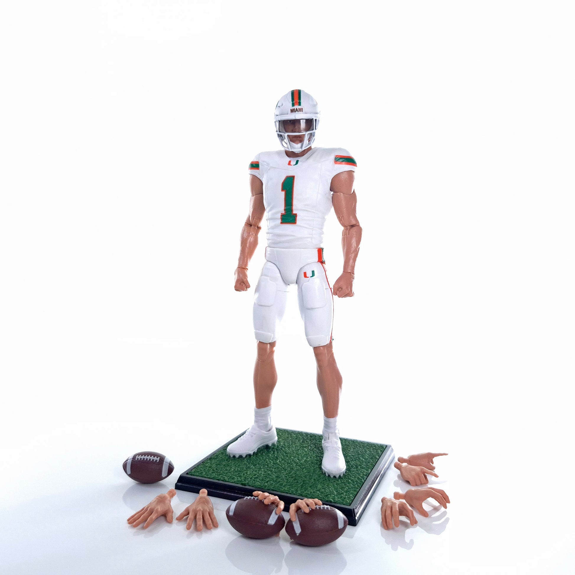 Collegiate Legends Miami Hurricanes #1 football action figure with display stand, footballs, and interchangeable hands.