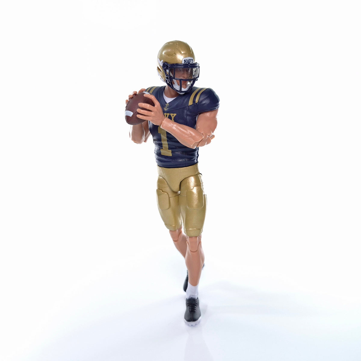 Collegiate Legends Navy football action figure wearing a #1 blue and gold uniform, holding a football in a passing pose.