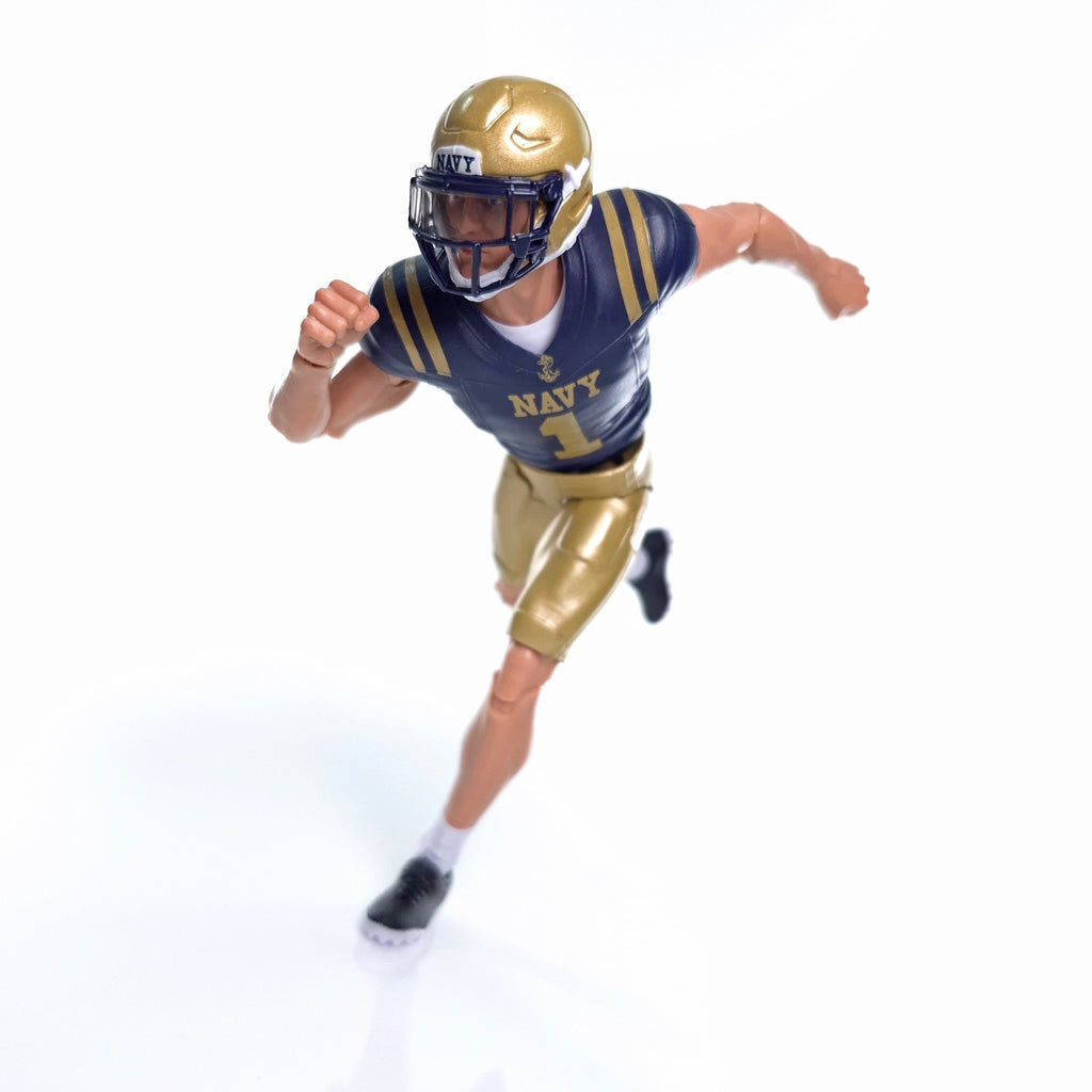 Collegiate Legends Navy football action figure in a running pose wearing a blue and gold #1 uniform and helmet