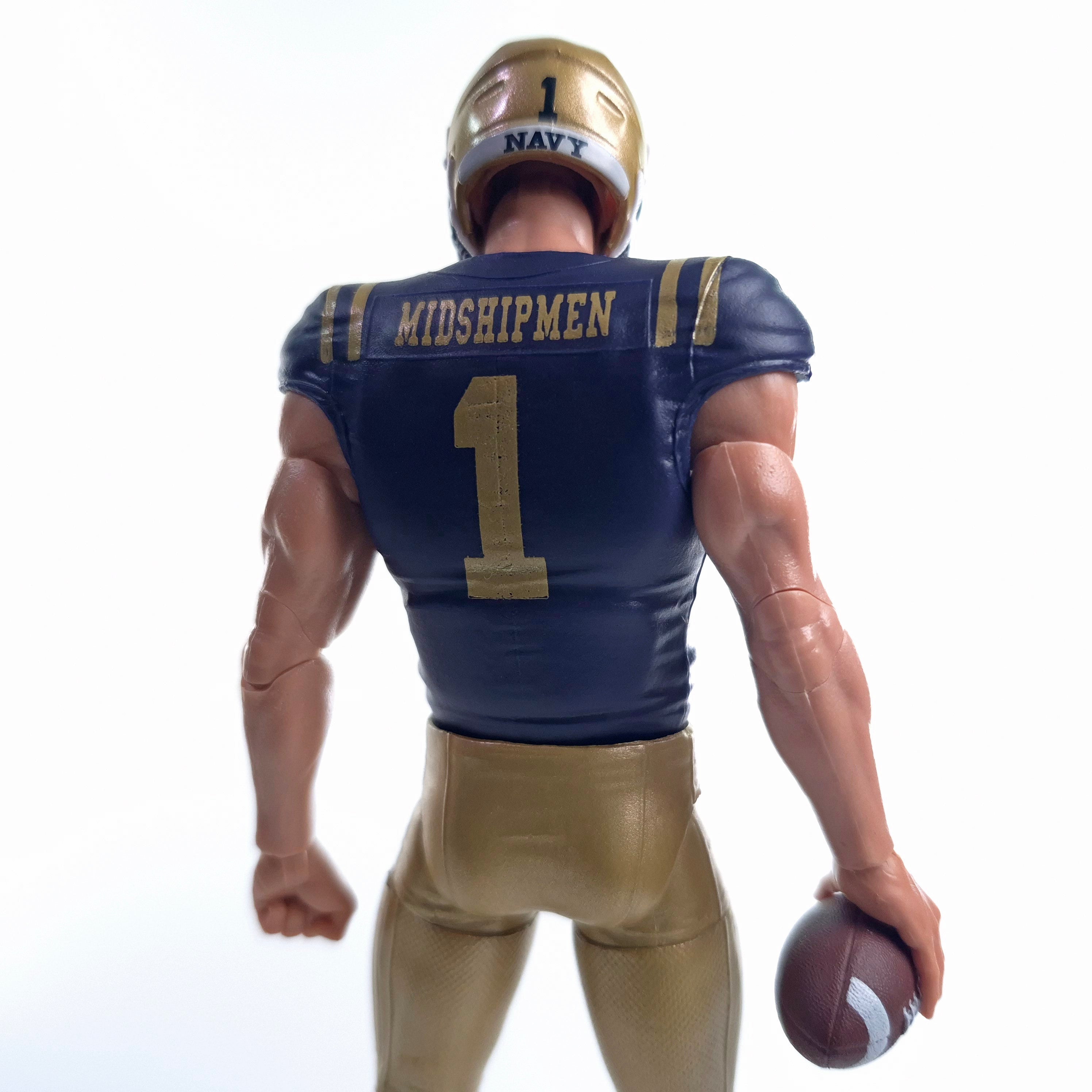 Collegiate Legends Navy football action figure wearing a number 1 jersey with Midshipmen text and gold helmet