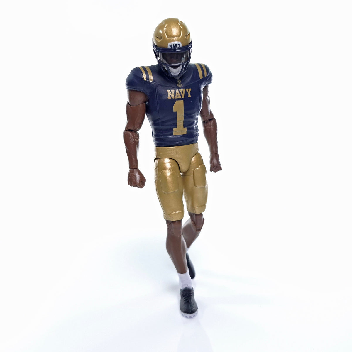 Collegiate Legends Navy football action figure wearing a number 1 jersey in navy blue and gold with a helmet