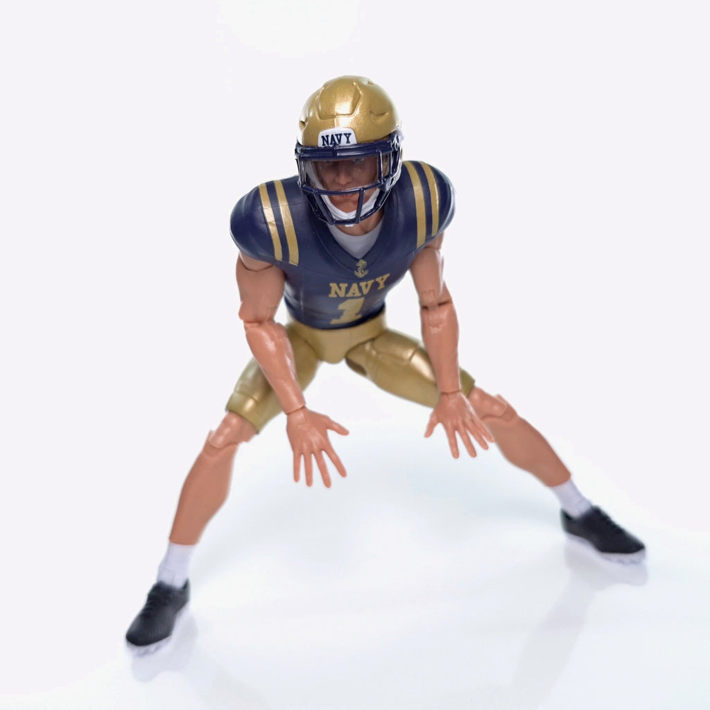 Collegiate Legends Navy football action figure in a #1 jersey with gold helmet and navy blue uniform in a ready pose