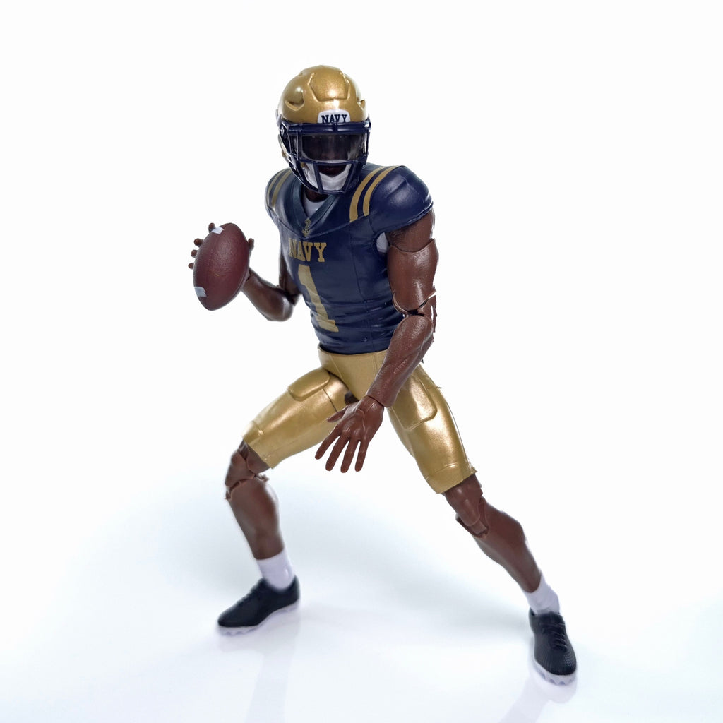 Collegiate Legends Navy football action figure in dark blue and gold uniform with number 1 jersey and football accessory