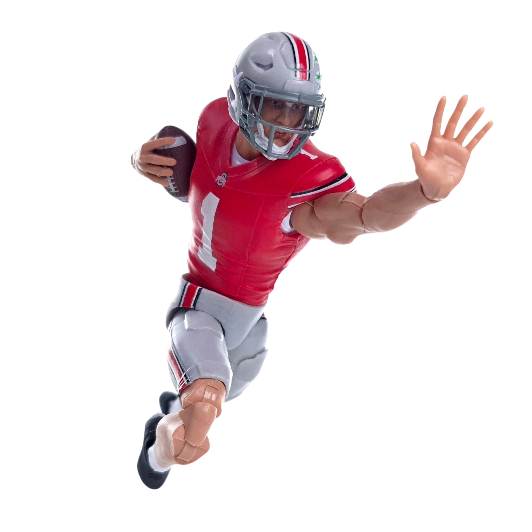 Collegiate Legends Ohio State #1 football action figure in scarlet and gray uniform running with a football.