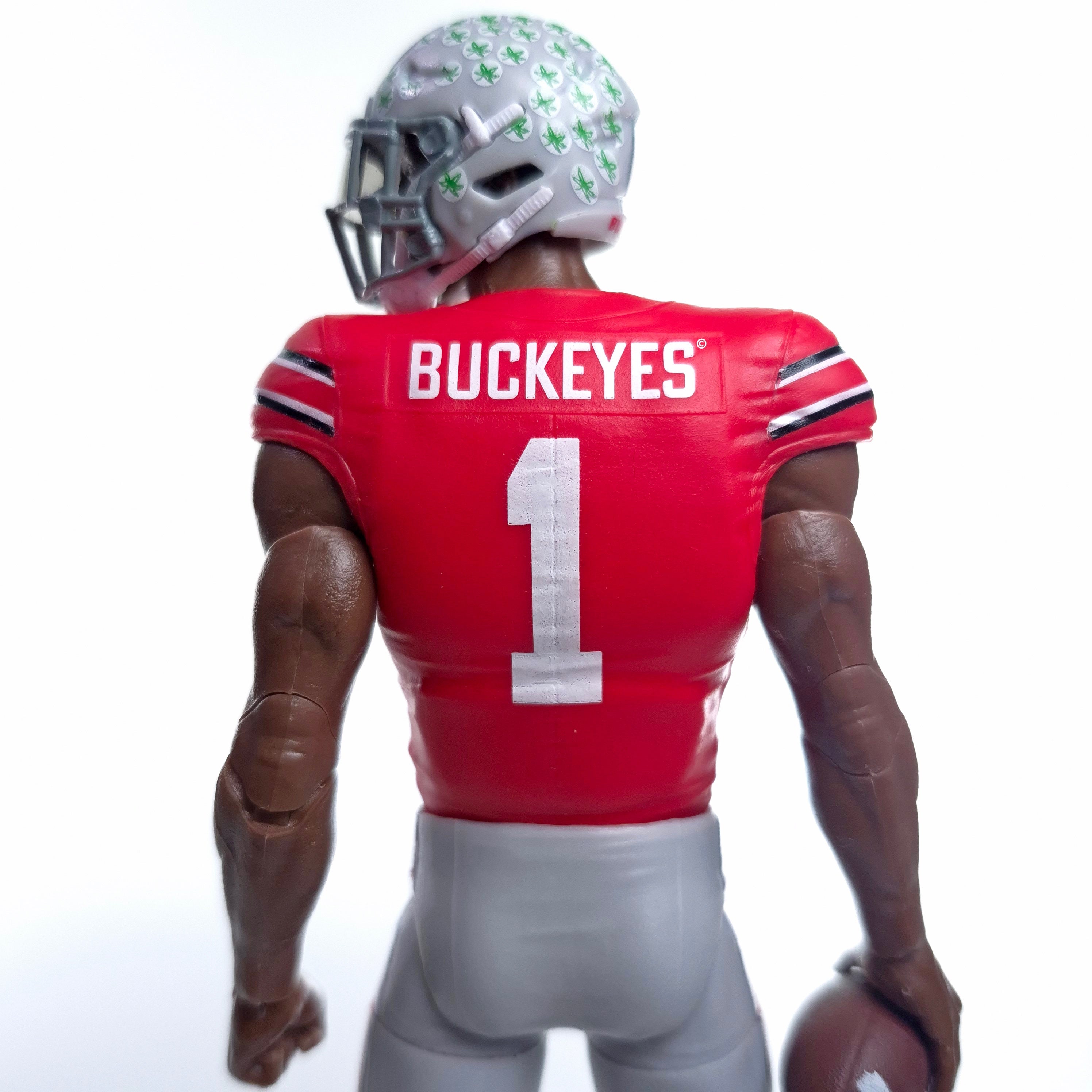 Collegiate Legends Ohio State Buckeyes #1 action figure in scarlet and gray uniform, back view holding a football