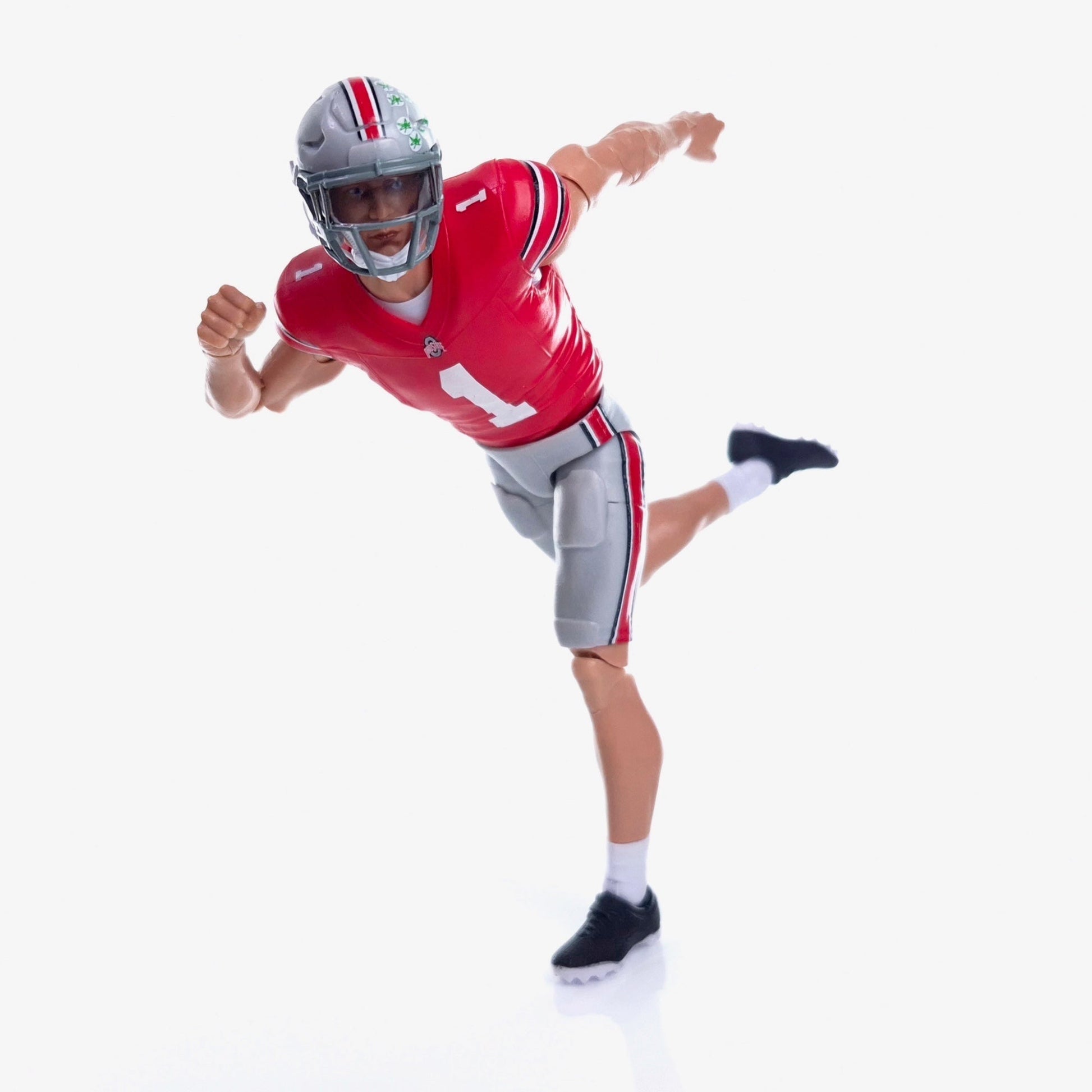Collegiate Legends Ohio State #1 football action figure in a dynamic running pose wearing a scarlet and gray uniform.