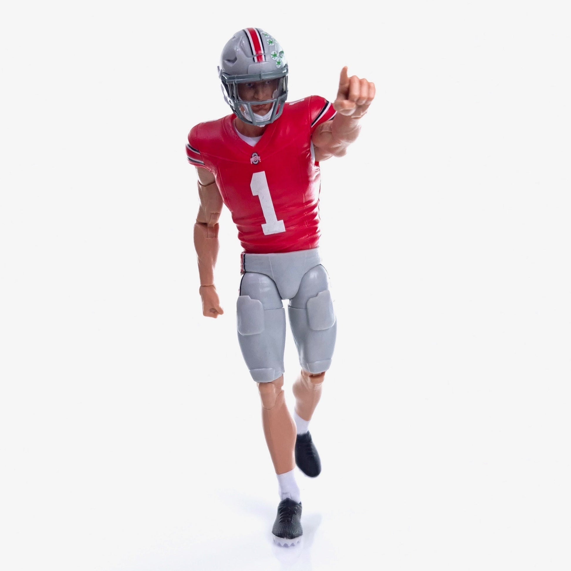 Collegiate Legends Ohio State #1 football action figure in scarlet and gray uniform pointing forward on white background