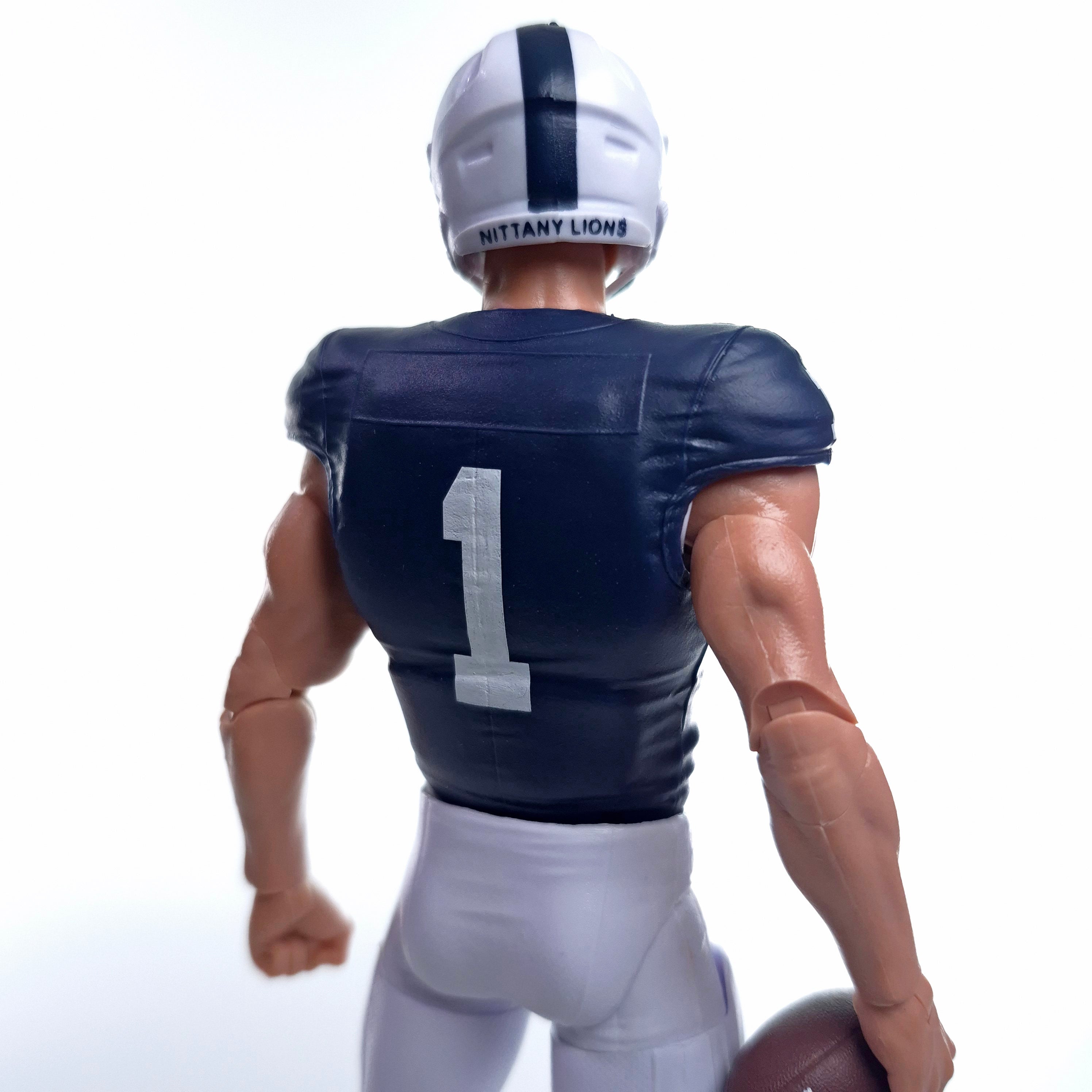 Collegiate Legends Penn State football action figure wearing a number 1 blue and white jersey and Nittany Lions helmet.