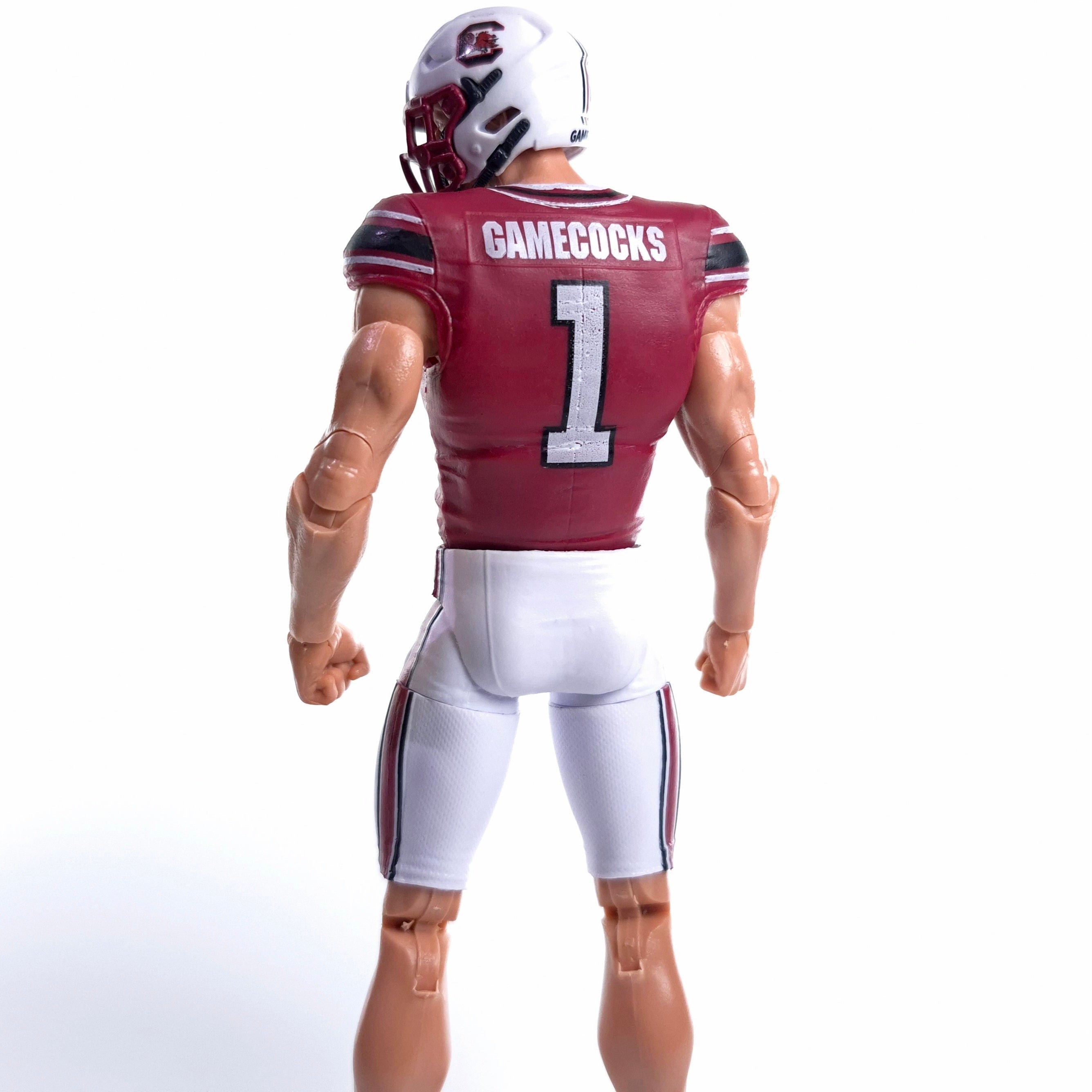Collegiate Legends South Carolina Gamecocks #1 football action figure in garnet and white uniform, back view