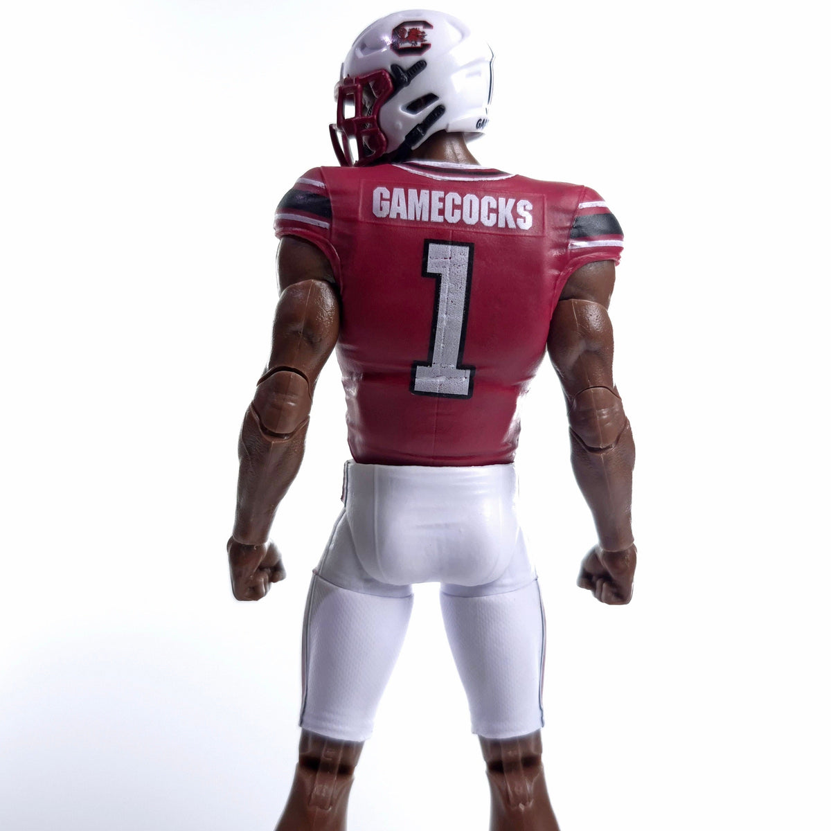 Collegiate Legends South Carolina Gamecocks #1 football action figure in garnet and white uniform, back view
