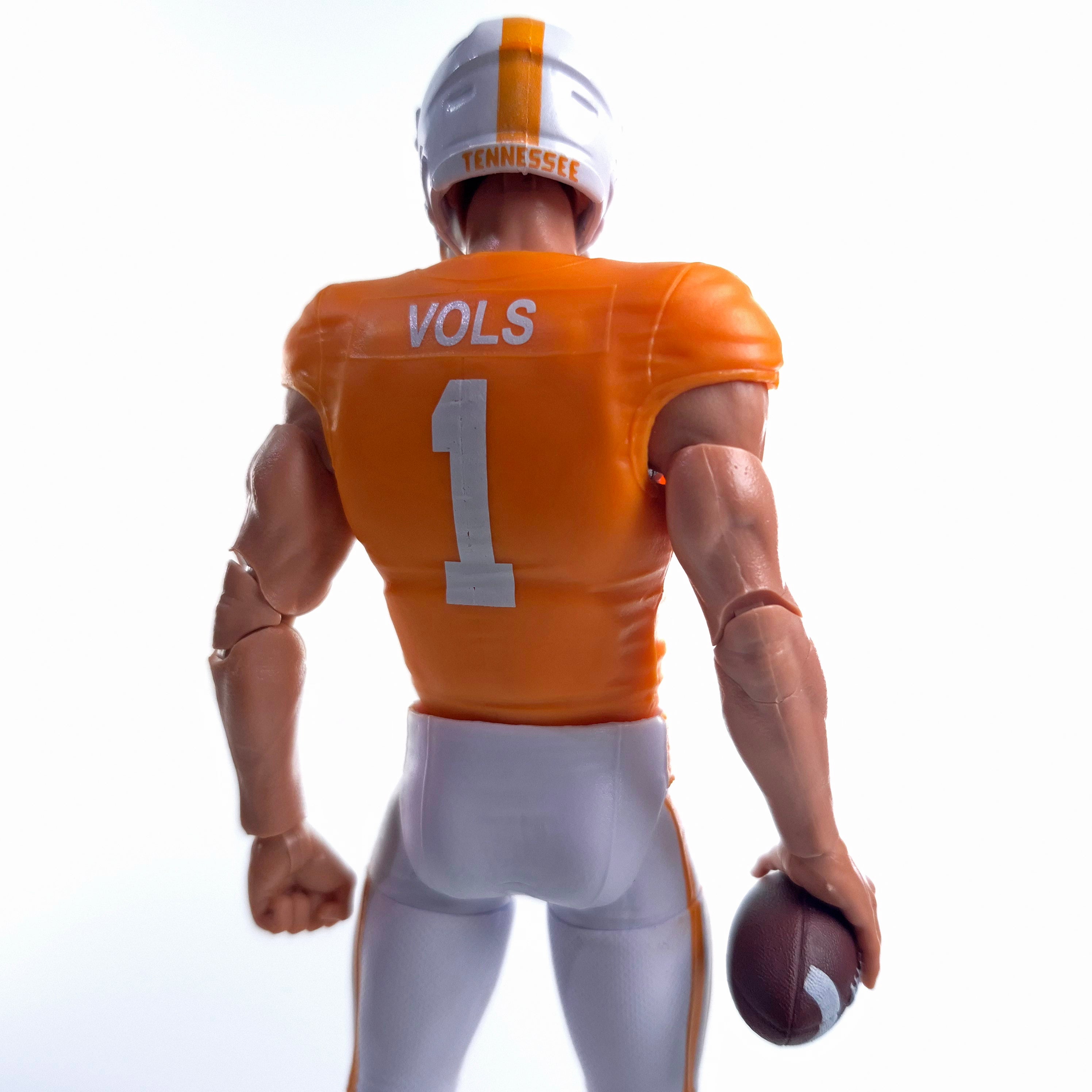 Collegiate Legends Tennessee Volunteers #1 football action figure in orange and white uniform, back view